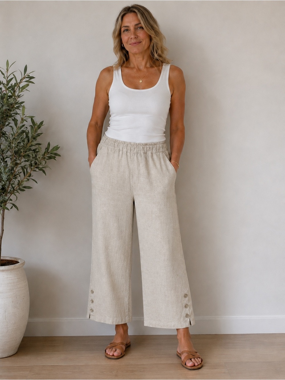 ALI MILES 100% LINEN WIDE LEG CAPRI PANTS WOMEN CREAM COLOR MEDIUM